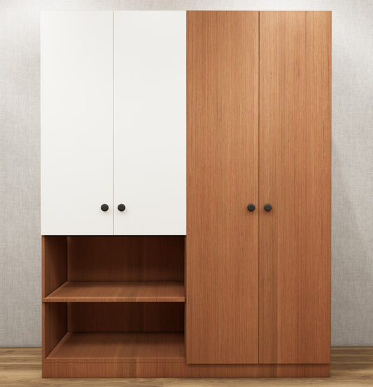Four Door Burma Teak & Wool White Finish Wardrobe – Stylish Dual Color Design with Shelving
