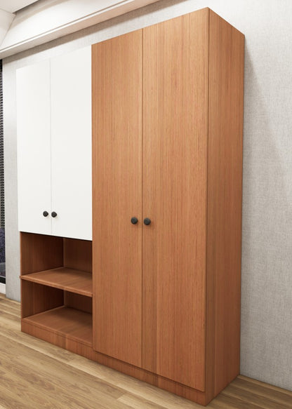 Four Door Burma Teak & Wool White Finish Wardrobe – Stylish Dual Color Design with Shelving