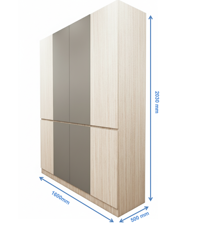 Modern Oak & Dust Finish Four Door Wardrobe – Ample Shelving & Hanging Space