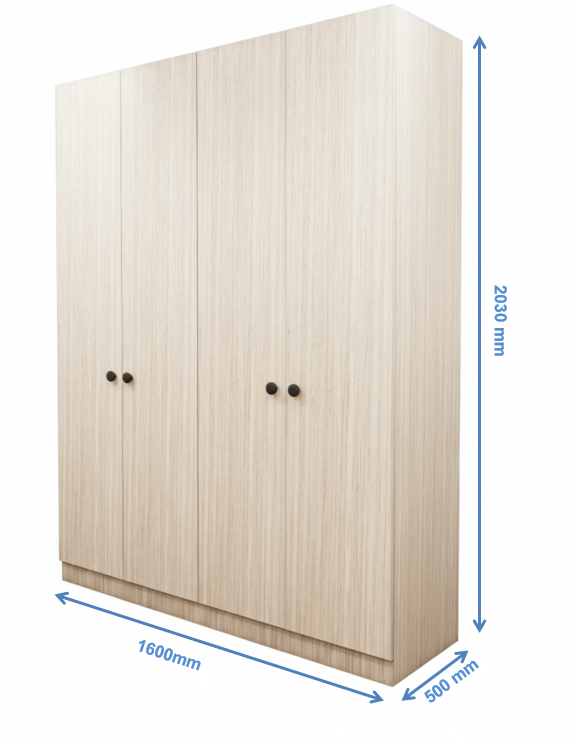 Modern Oak & Wool White Finish – 4 Door Wardrobe Spacious Organizer Design
