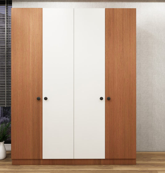 Four Door Burma Teak & Wool White Finish Wardrobe - Elegant Dual-Tone Four Door Storage