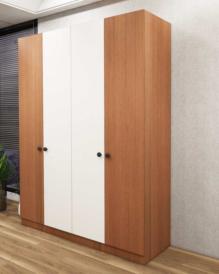 Four Door Burma Teak & Wool White Finish Wardrobe - Elegant Dual-Tone Four Door Storage