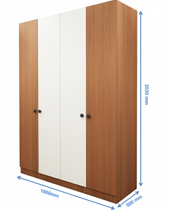 Four Door Burma Teak & Wool White Finish Wardrobe - Elegant Dual-Tone Four Door Storage
