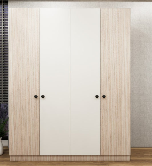 Four Door Modern Oak & Wool White Finish Wardrobe - Elegant Dual-Tone Four Door Storage