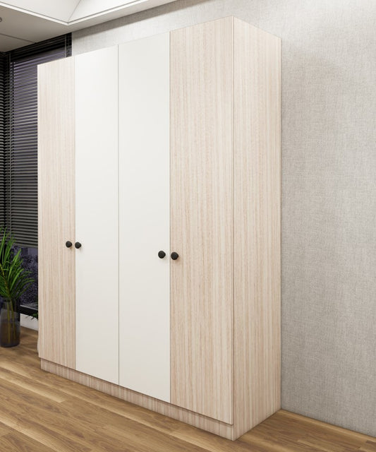Four Door Modern Oak & Wool White Finish Wardrobe - Elegant Dual-Tone Four Door Storage