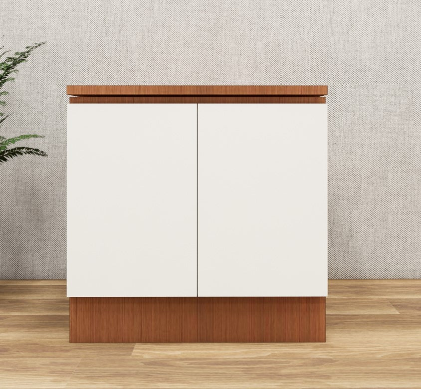 Burma Teak & Wool White Finish Bedside Table with Dual Door Storage