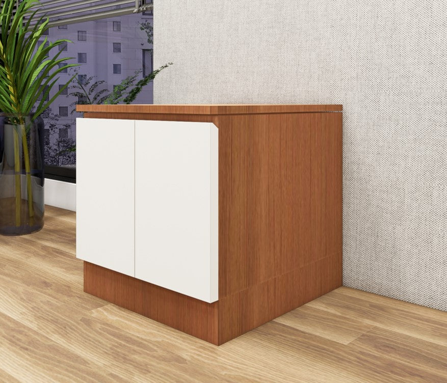 Burma Teak & Wool White Finish Bedside Table with Dual Door Storage