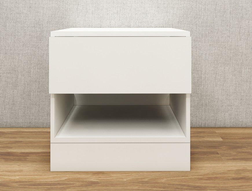 Wool White Finish Bedside Table with Drawer and Open Shelf