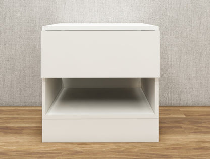 Wool White Finish Bedside Table with Drawer and Open Shelf