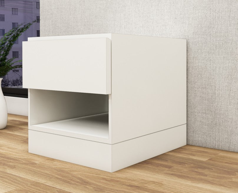 Wool White Finish Bedside Table with Drawer and Open Shelf
