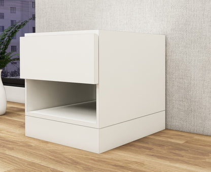 Wool White Finish Bedside Table with Drawer and Open Shelf