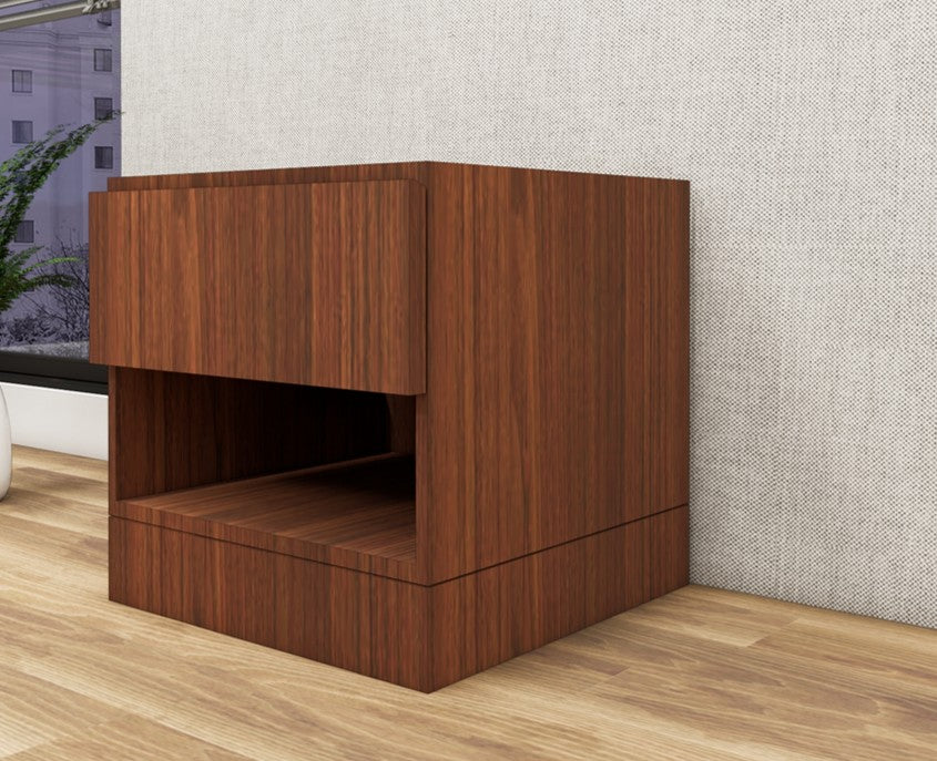 American Walnut Finish Bedside Table with Drawer and Open Shelf