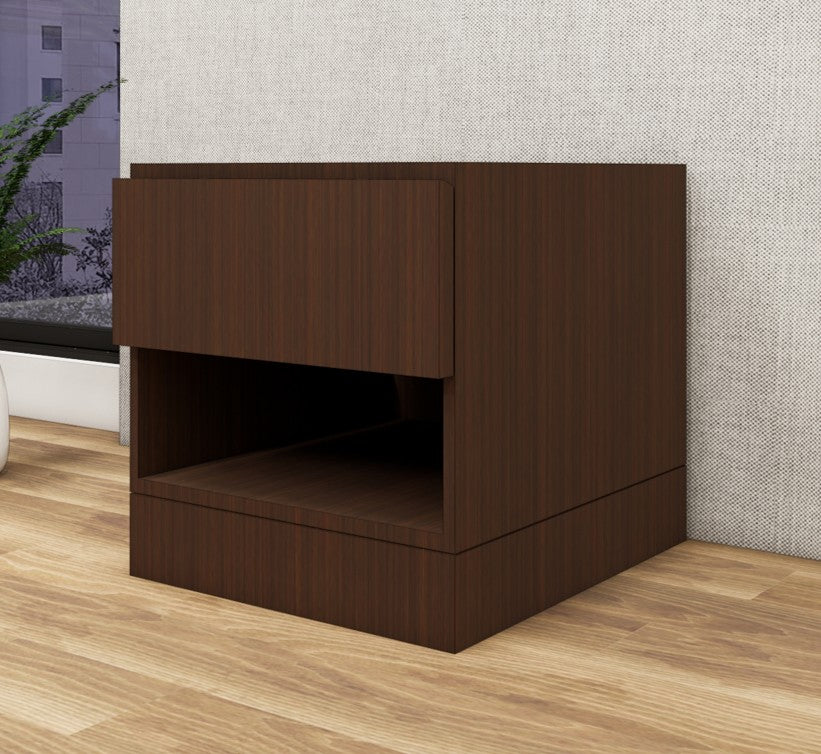 Rich Walnut Finish Bedside Table with Drawer and Open Shelf