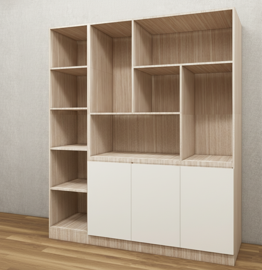 Modern Oak & Wool White Finish Crockery Unit – Dual-Tone Open Display Shelves