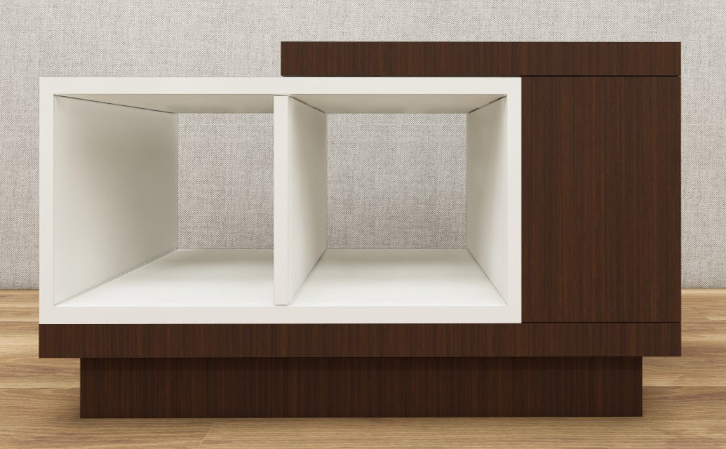 Contemporary Rich Walnut & Wool White Finish Coffee Table with Open Storage Shelves