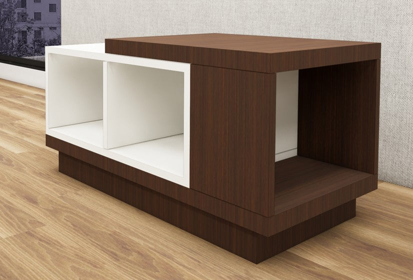 Contemporary Rich Walnut & Wool White Finish Coffee Table with Open Storage Shelves