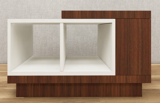 Contemporary American Walnut & Wool White Finish Coffee Table with Open Storage Shelves