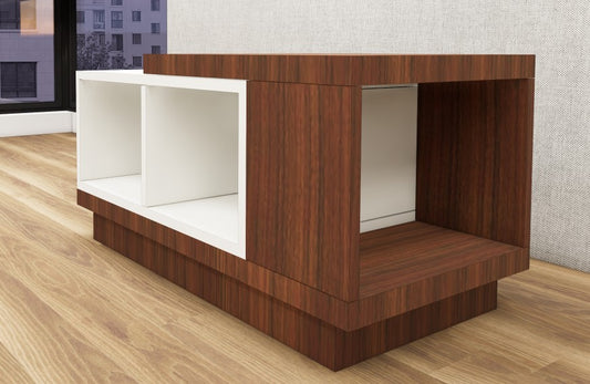 Contemporary American Walnut & Wool White Finish Coffee Table with Open Storage Shelves