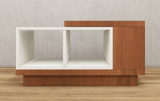Contemporary Burma Teak & Wool White Finish Coffee Table with Open Storage Shelves