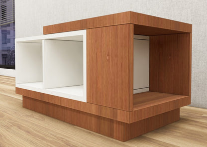 Contemporary Burma Teak & Wool White Finish Coffee Table with Open Storage Shelves