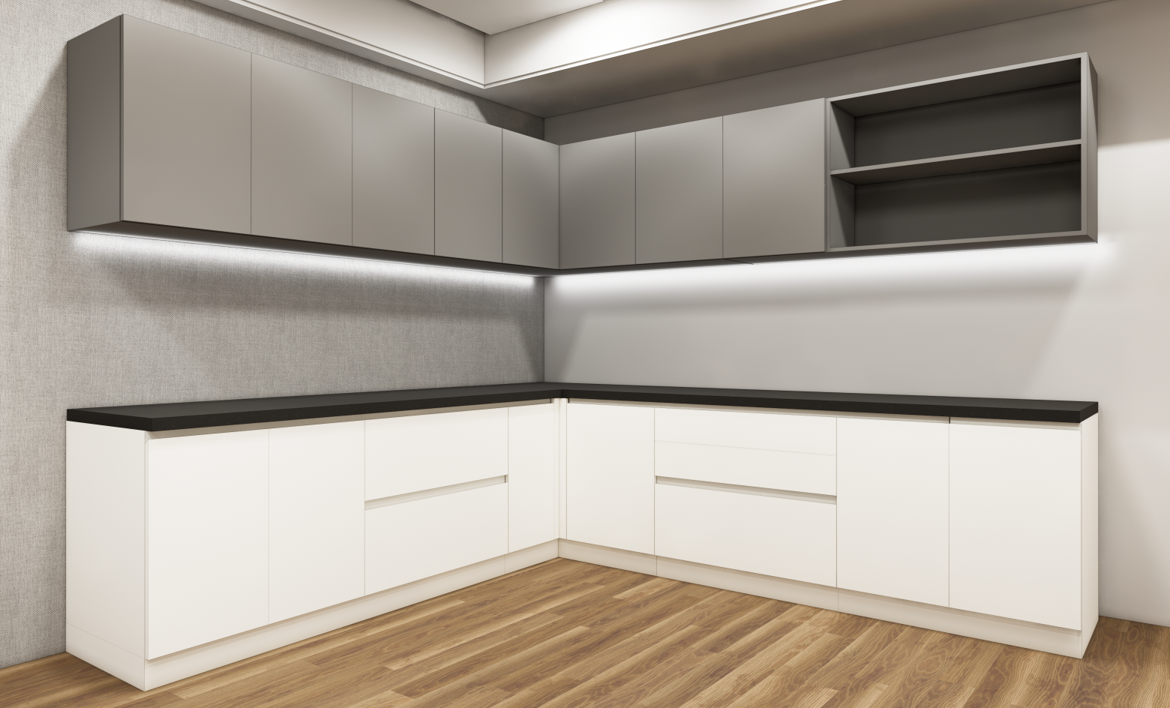 Wool White & Dust Finish L Shaped Kitchen