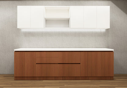 Wool White & Burma Teak Finish Straight Kitchen With Open Shelf Loft