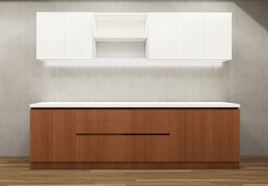 Wool White & Burma Teak Finish Straight Kitchen With Open Shelf Loft