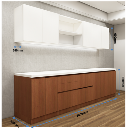 Wool White & Burma Teak Finish Straight Kitchen With Open Shelf Loft