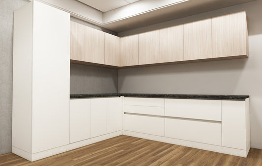 Wool White & Modern Oak Finish L Shaped Kitchen