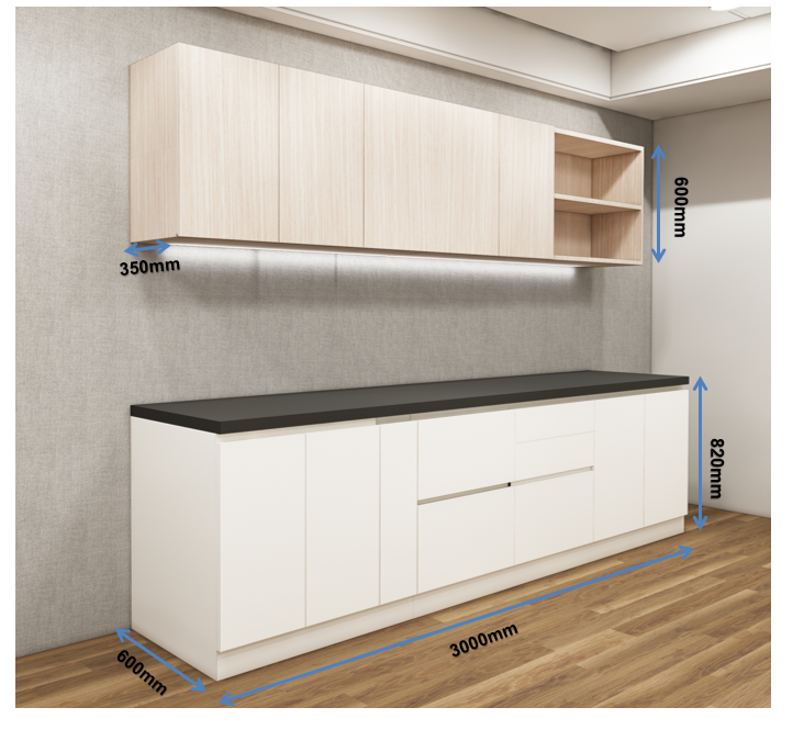 Modern Oak & Wool White Finish Straight Kitchen With Open Shelf Loft