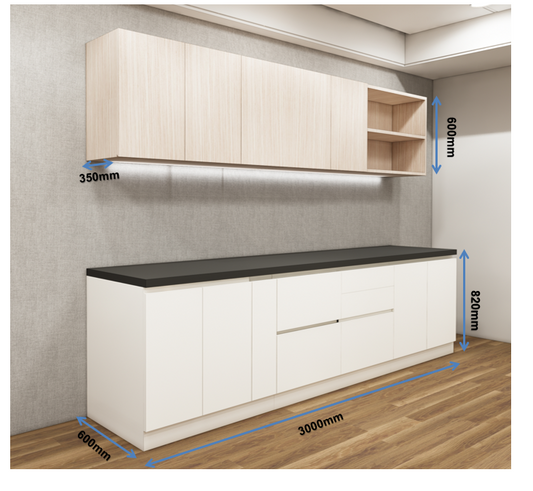 Modern Oak & Wool White Finish Straight Kitchen With Open Shelf Loft