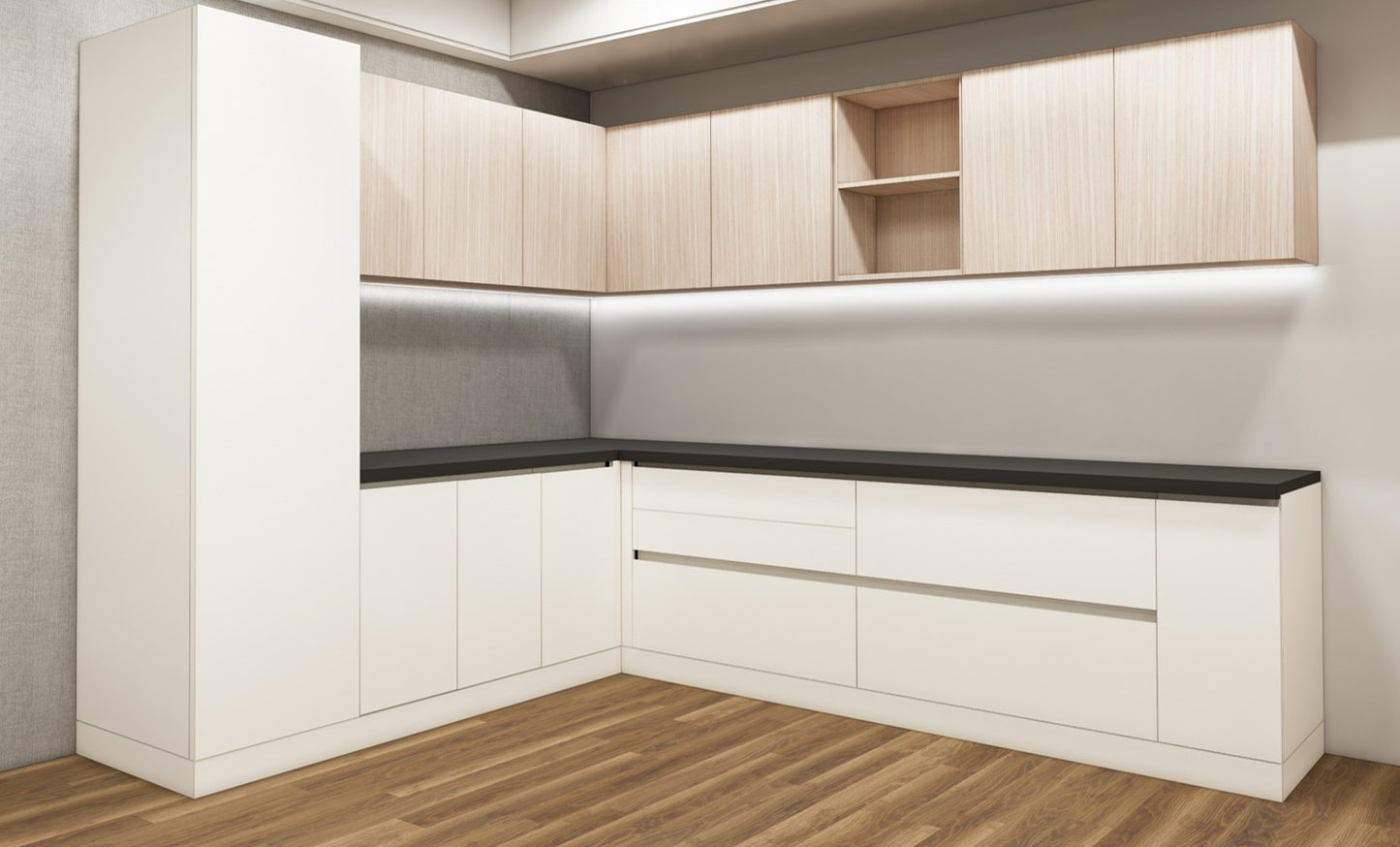 Modern Oak & Wool White Finish L Shaped Kitchen