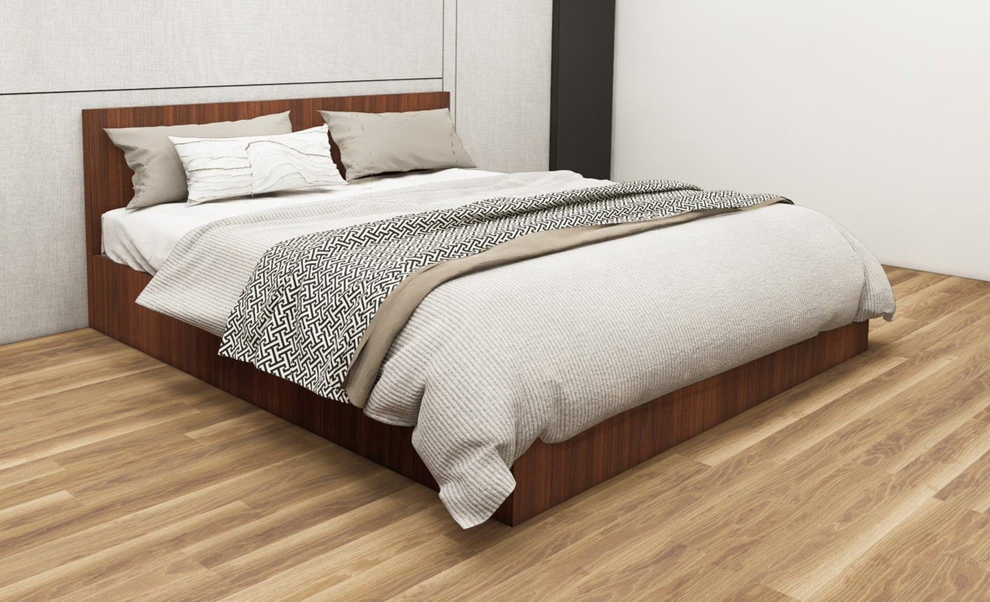 American Walnut Finish King Size Bed with Storage – Contemporary Wooden Bed