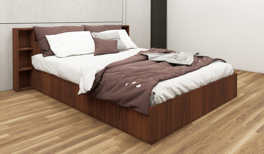 Modern American Walnut Finish - King Size Bed with Headboard Storage