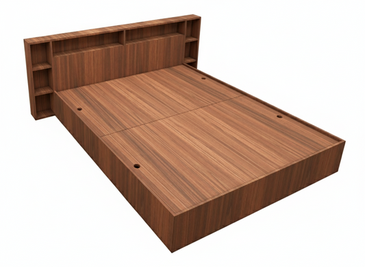 Modern American Walnut Finish - King Size Bed with Headboard Storage