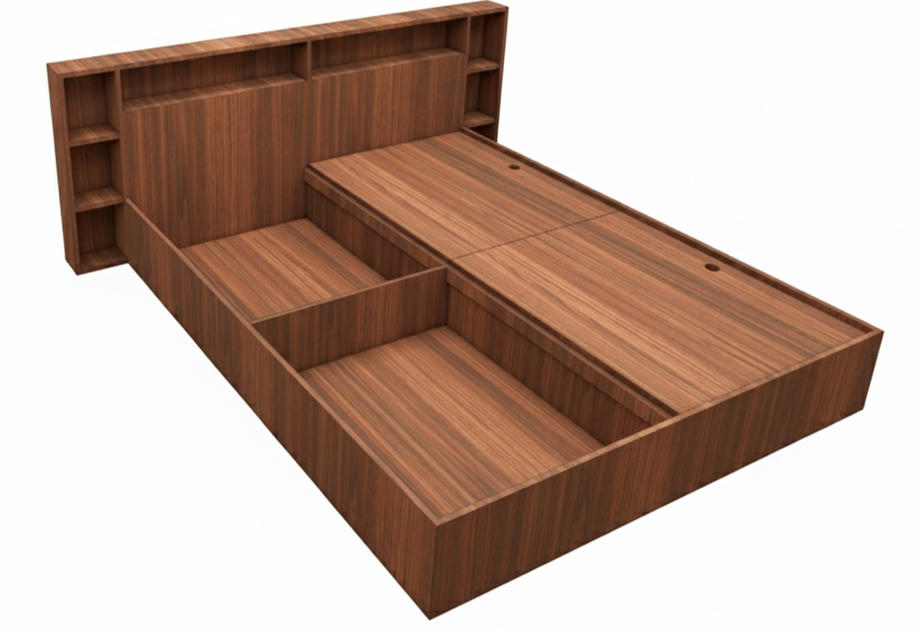 Modern American Walnut Finish - King Size Bed with Headboard Storage