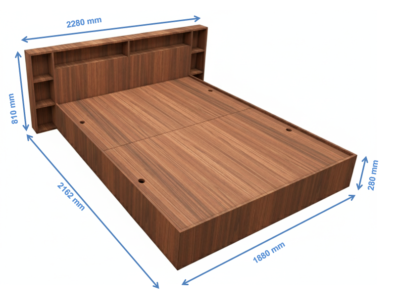Modern American Walnut Finish - King Size Bed with Headboard Storage