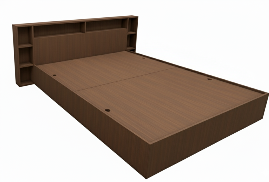 Modern Rich Walnut Finish - King Size Bed with Headboard Storage