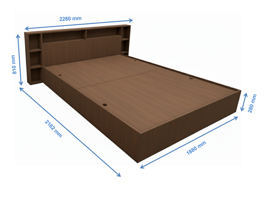 Modern Rich Walnut Finish - King Size Bed with Headboard Storage