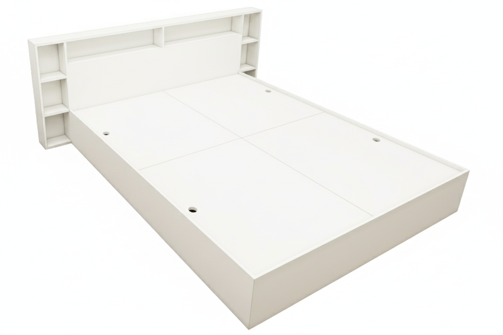 Modern Wool White Finish - King Size Bed with Headboard Storage