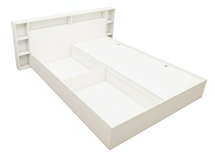 Modern Wool White Finish - King Size Bed with Headboard Storage