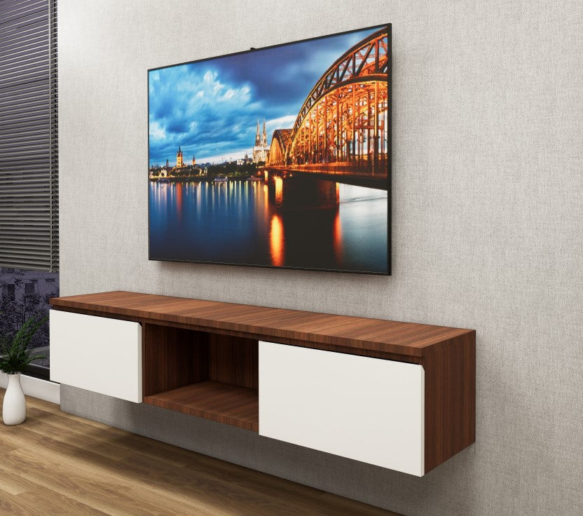 American Walnut & Wool White Finish Tv Unit