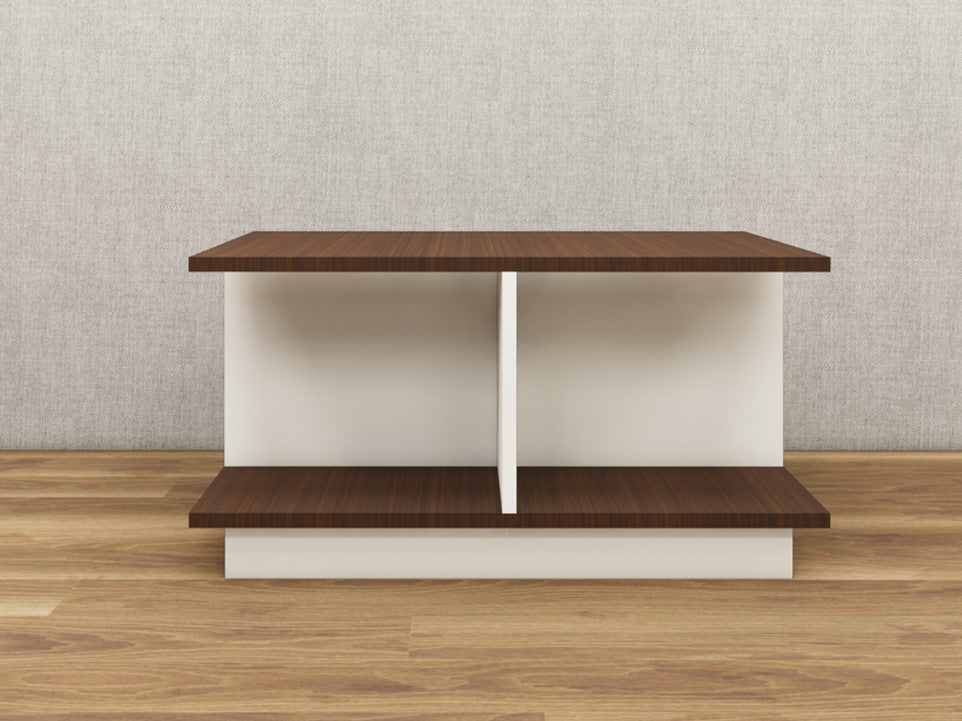 Rich Walnut & Wool White Finish Coffee Table – Dual-Tone Open Shelf Design