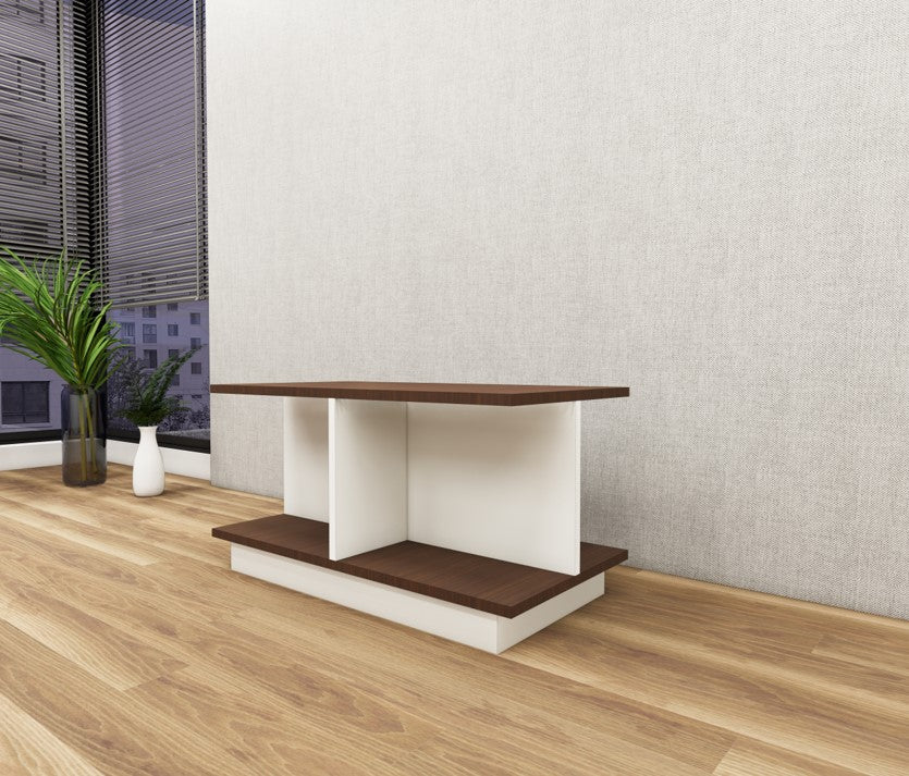 Rich Walnut & Wool White Finish Coffee Table – Dual-Tone Open Shelf Design