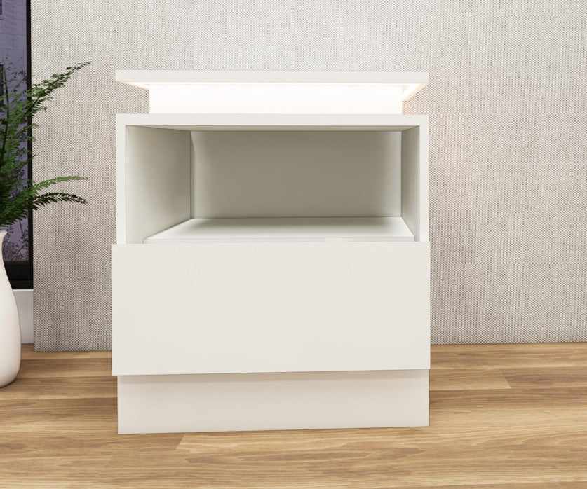 Wool White Finish Bedside Table with Floating Top Design