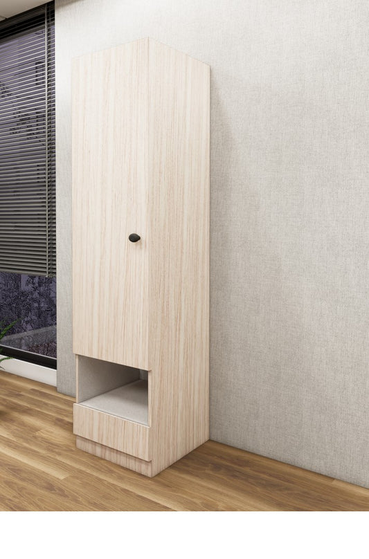 Modern Oak & Wool White Finish - Single Door With Drawer & Open Shelf Wardrobe