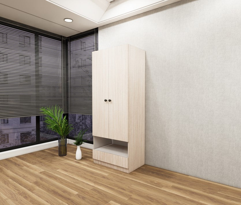 Modern Oak Finish Sleek Two Door Design with Open Shelf & Drawer