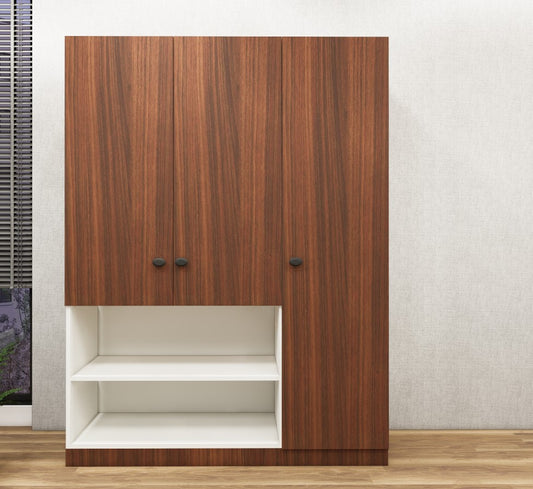 American Walnut & Wool White Finish 3 Door Wardrobe – Elegant Storage with Open Shelves