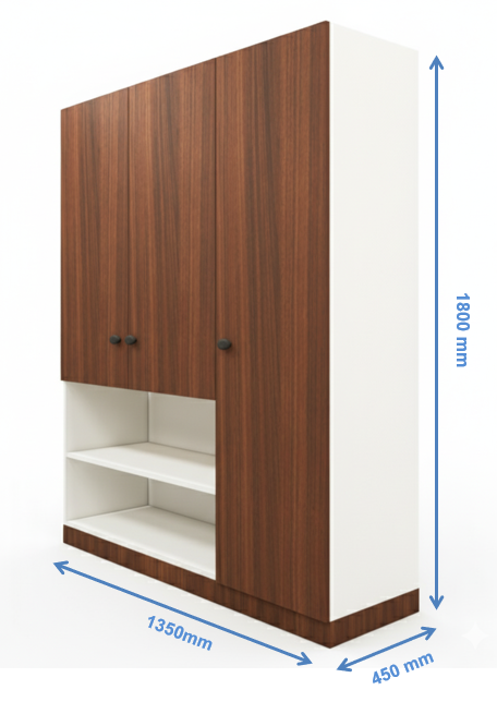 American Walnut & Wool White Finish 3 Door Wardrobe – Elegant Storage with Open Shelves