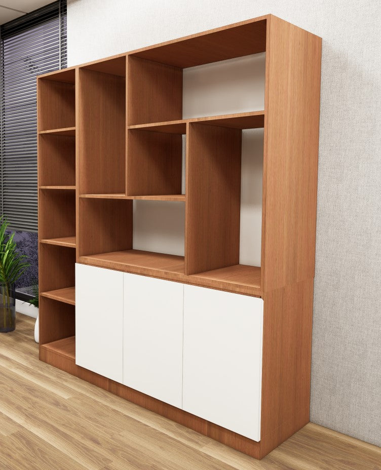 Burma Teak & Wool White Finish Crockery Unit – Dual-Tone Open Display Shelves